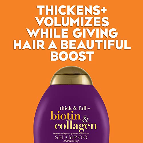 OGX Thick & Full + Biotin & Collagen Volumizing Shampoo for Thin Hair, Thickening Shampoo with Vitamin B7, Collagen & Hydrolyzed Wheat Protein, For Thicker, Fuller, Healthier looking hair, Sulfate Free Surfactant, No Parabens, 385 ml