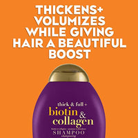 OGX Thick & Full + Biotin & Collagen Volumizing Shampoo for Thin Hair, Thickening Shampoo with Vitamin B7, Collagen & Hydrolyzed Wheat Protein, For Thicker, Fuller, Healthier looking hair, Sulfate Free Surfactant, No Parabens, 385 ml