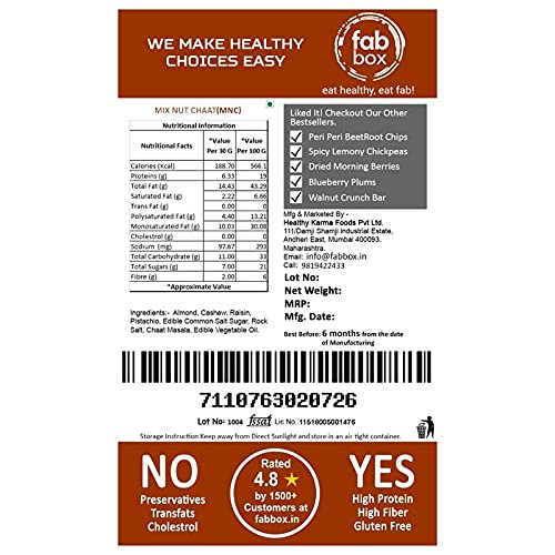 Fab Box Healthy Mix Nut Chaat, Almonds, Pistachios, Cashews & Raisins, Keto Friendly, 70 Grams