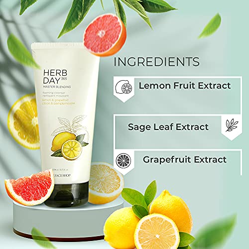 The Face Shop Herb Day 365 Cleansing Foam, Lemon & Grapefruit, ml with lemon extracts, SLS and Paraben Free, 170 millilitre