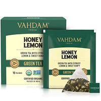 VAHDAM Organic Honey Lemon Tea (Vitamin C Fortified) - 15 Green Tea Bags | Green Tea with Tangy Lemon and Unprocessed Honey Flavour | USDA Certified