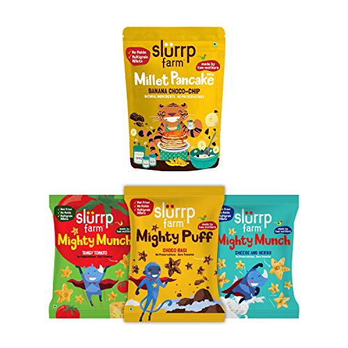 Slurrp Farm Healthy Ragi Snacks | Combo Pack of 4 - No Maida Banana Choco-Chip Pancake Mix and Pack of 3 Non-Fried Puffs