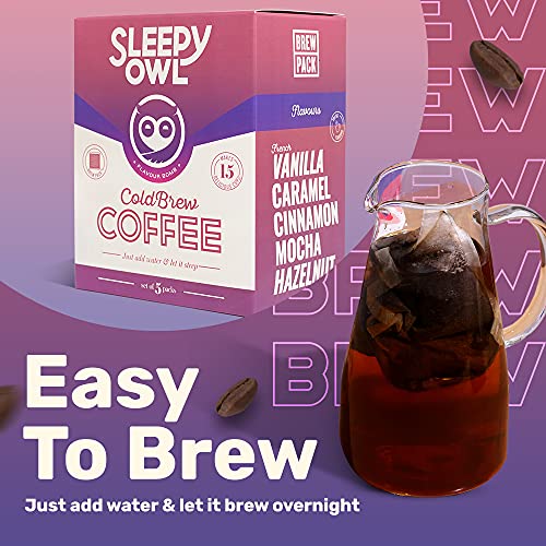 Sleepy Owl Cold Brew Pack Flavour Box | 5 Flavours | Set of 5 Brew Packs - Makes 15 Cups | 100% Arabica Coffee | 3 Step Cold Brew - No Equipment Required