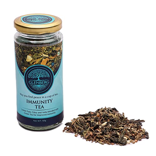 Glenberg Immunity Tea | Green Tea for Immunity with Tulsi, Giloy & Amla | Free Premium Wooden Spoon | 50 Gm, 25 Cups-75 Cups(If reused)