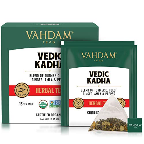 VAHDAM - Organic Ayurvedic Kadha Tea 15 TBS | Herbal Tea for Immunity | Grandma's  Kadha with Tulsi, Amla, Turmeric, Ginger, Black Pepper, Fennel, Cumin and Cloves - 15 Ayush Kadha TBS