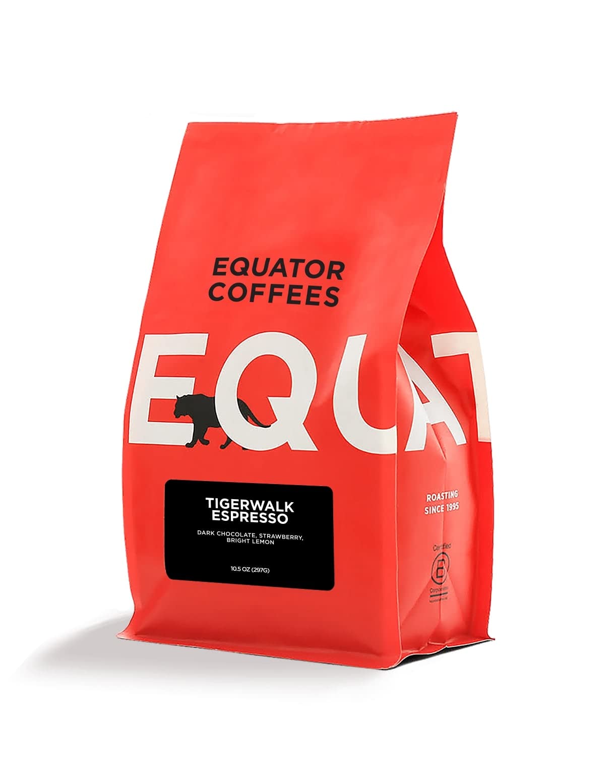 Equator Coffees, Tigerwalk Espresso, Whole Bean Coffee, Medium Roast, Fresh Roasted, Cherry, Chocolate, Strawberry and Lemon Flavor Notes, Sustainable, 10.5 oz Bag