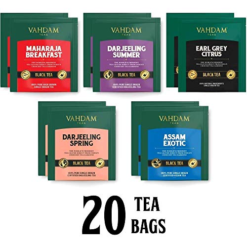 Vahdam, Black Tea Sampler, 5 Teas - Tea Variety Pack | Assorted Black Tea Bags | English Breakfast, Darjeeling, Assam, Earl Grey Tea Bags | 20 Count | Finest Tea Gift Set & Tea Gift For Tea Lovers