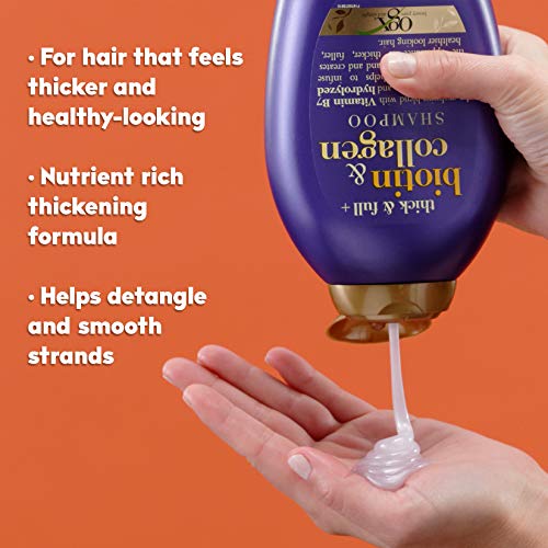 OGX Thick & Full + Biotin & Collagen Volumizing Shampoo for Thin Hair, Thickening Shampoo with Vitamin B7, Collagen & Hydrolyzed Wheat Protein, For Thicker, Fuller, Healthier looking hair, Sulfate Free Surfactant, No Parabens, 385 ml