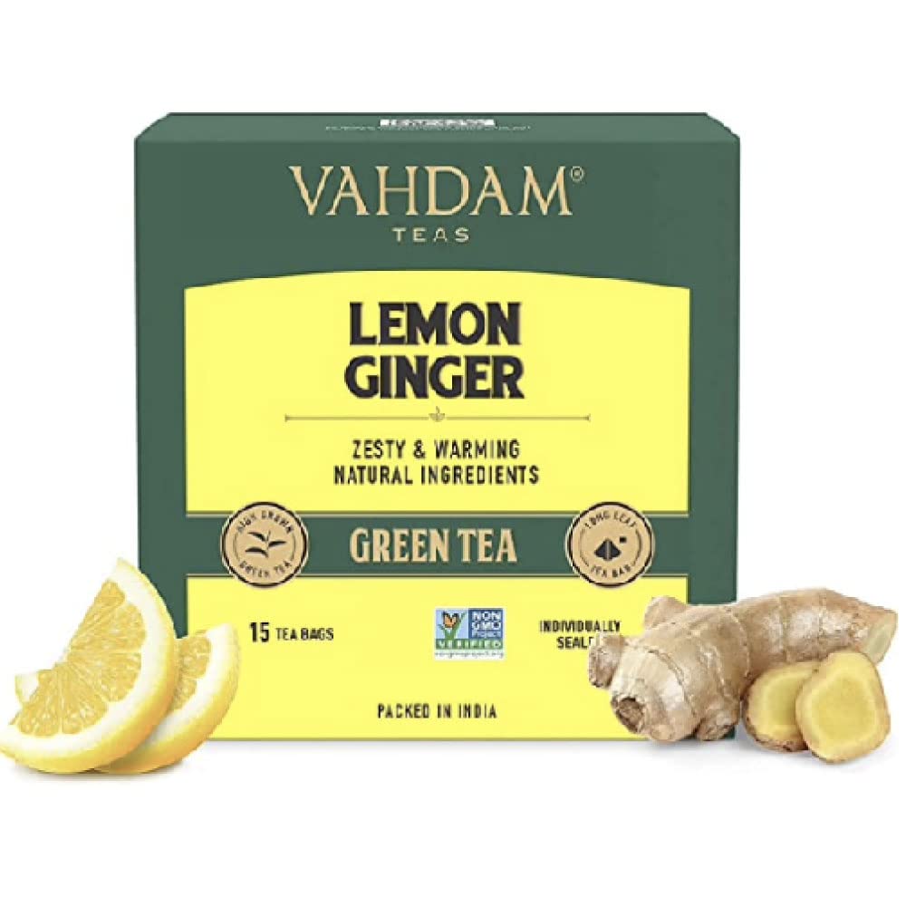 VAHDAM, Organic Lemon Ginger Tea (15 Pyramid Tea Bags) Non-GMO, USDA Organic- Lemon, Ginger, Holy Basil, Black Pepper | Premium Green Tea Bags, Fruity Flavor Green Tea