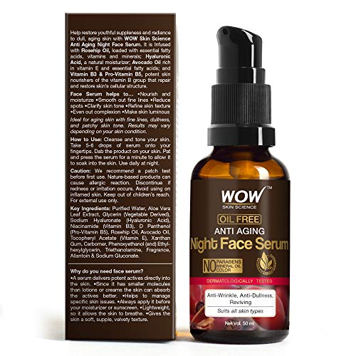 WOW Skin Science Anti Aging Night Face Serum - OIL FREE - Anti Wrinkle, Anti Dullness, Reviving - No Parabens, Silicones & Color - 50mL