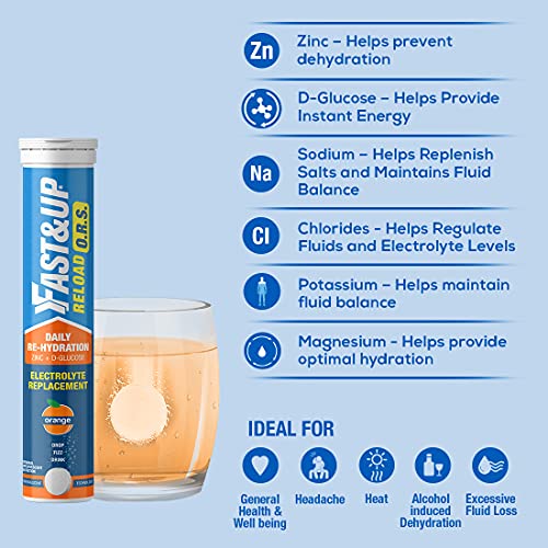 FAST&UP Reload O.R.S, Effervescent Electrolyte Tablets for Daily Rehydration, Orange Flavour - 20 Effervescent Tablets, Blue