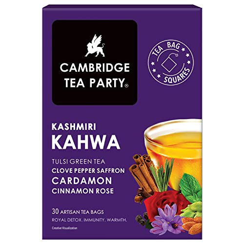 Cambridge Tea Party Kashmiri Kahwa 30 Tea Bags, Saffron Almond Cardamom Clove Pepper Cinnamon Rose Tulsi Green Tea, cleanse, detox, cold relief, weight loss, slim, skin glow), White