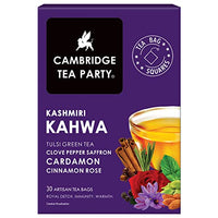 Cambridge Tea Party Kashmiri Kahwa 30 Tea Bags, Saffron Almond Cardamom Clove Pepper Cinnamon Rose Tulsi Green Tea, cleanse, detox, cold relief, weight loss, slim, skin glow), White