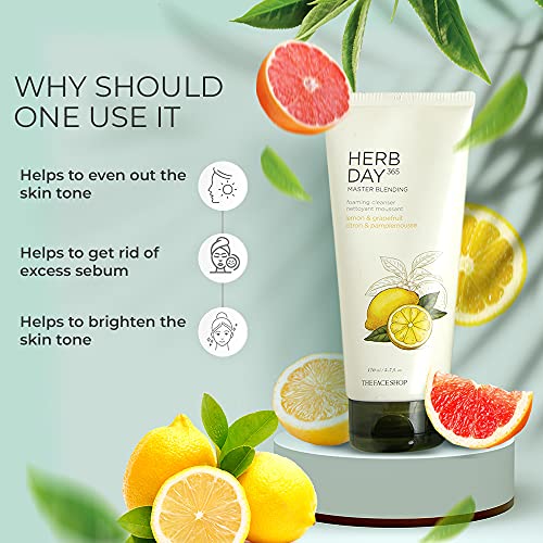 The Face Shop Herb Day 365 Cleansing Foam, Lemon & Grapefruit, ml with lemon extracts, SLS and Paraben Free, 170 millilitre