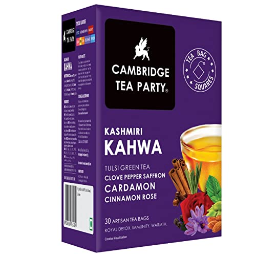 Cambridge Tea Party Kashmiri Kahwa 30 Tea Bags, Saffron Almond Cardamom Clove Pepper Cinnamon Rose Tulsi Green Tea, cleanse, detox, cold relief, weight loss, slim, skin glow), White