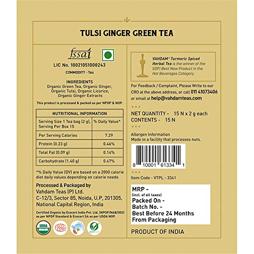 VAHDAM Organic Tulsi Ginger Tea - 15 Green Tea Bags | 100% Whole Leaf, USDA Certified Green Tea for Weight Loss Fast | Pure Detox Tea & Digestive Health Drink