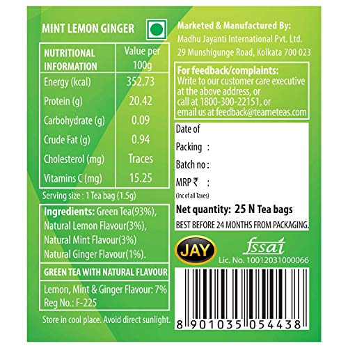 TE-A-ME Revive Mint Lemon Ginger Natural Green Tea, 25 Tea Bags