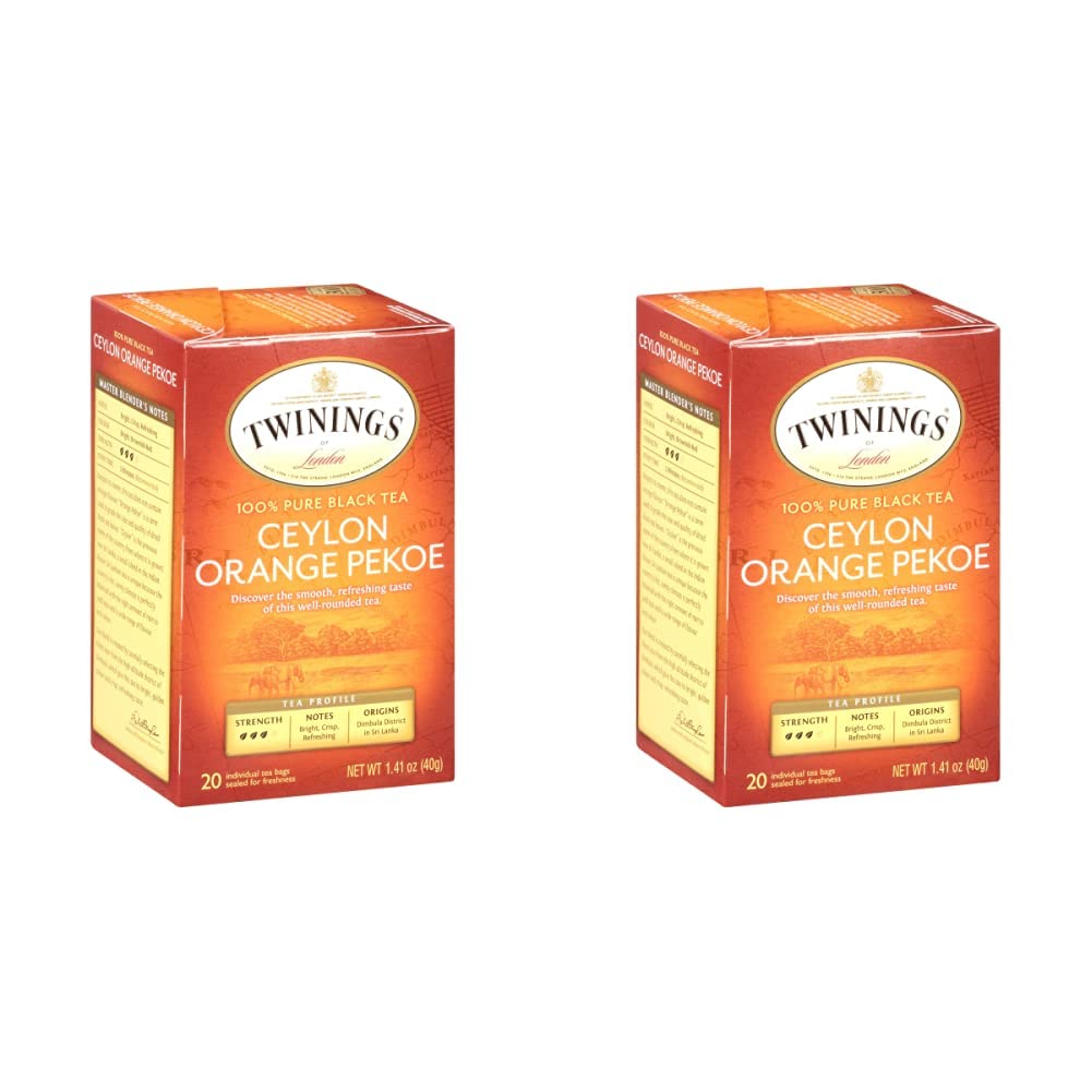Twinings Ceylon Orange Pekoe Tea Bags - Individually Wrapped Black Tea Bags with a Smooth, Refreshing, & Crisp Taste, 20 Count (Pack of 2)