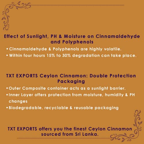 TXT EXPORTS: Ceylon Cinnamon Quills (True Cinnamon/Asli Dalchini Sticks) Double Protection Packaging keeps Cinnamon fresh and aromatic (100gm)