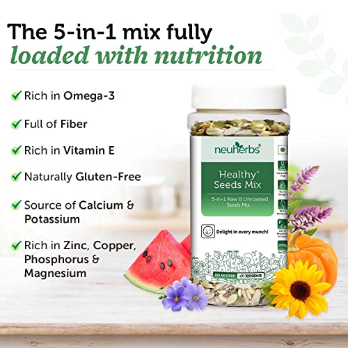 Neuherbs 5 in 1 Healthy seeds mix for weight management, Pumpkin, Sunflower, Watermelon, Flax & Chia Seeds | Improved digestion, Muscle building, healthy heart with Omega-3 & protein support- 200 g Trail mix seeds