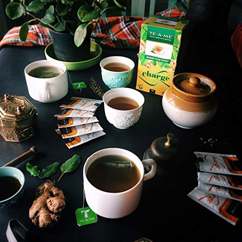 TE-A-ME Charge Ginger Tulsi Honey Herbal Infusion Tea, 25 Infusion Tea Bags | 100% Caffeine Free