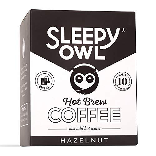 Sleepy Owl Coffee Hazelnut Hot Brew Bags | Set of 10 Bags - Makes 10 Cups |5 Minute Brew - No Equipment Required | 100% Arabica Beans - Sourced Directly from Farms