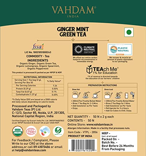VAHDAM, Organic Ginger Mint Green Tea Bags- 50 Tea Bags | Aids Digestion | Refreshing Detox: with Ginger & Mint, Certified Organic Tea | Antioxidant Rich | Boosts Immunity