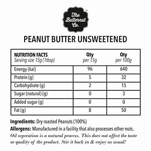 The Butternut Co. Peanut Butter Unsweetened, Creamy 340 gm (No Added Sugar, Vegan, High Protein, Keto)