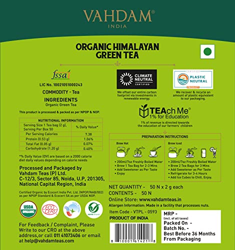 VAHDAM Organic Pure Himalayan Green Tea Bags (50 Green Tea Bags) - USDA Certified Organic Detox Green Tea for Weight Loss (Slim Tea)