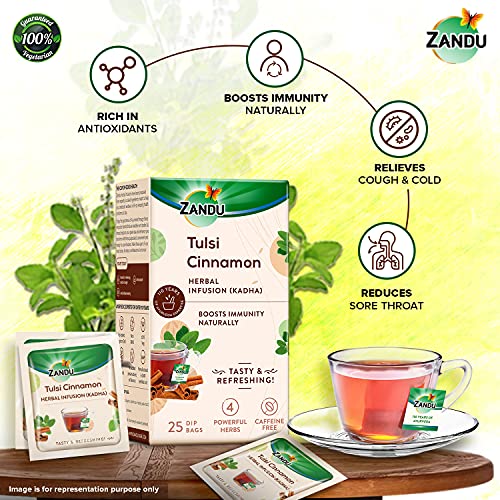Zandu Tulsi Cinnamon Ayurvedic Infusion (Kadha), Natural Immunity Booster Herbal Tea, Full of Anti-oxidants - 25 Tea Bags