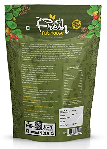 Fresh Nut House Premium Whole Kerala Origin Plain Cashew Nut, 250 Grams
