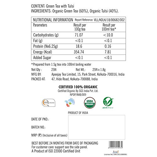 Typhoo Organic Green Tea Bags - Tulsi, 25 Count