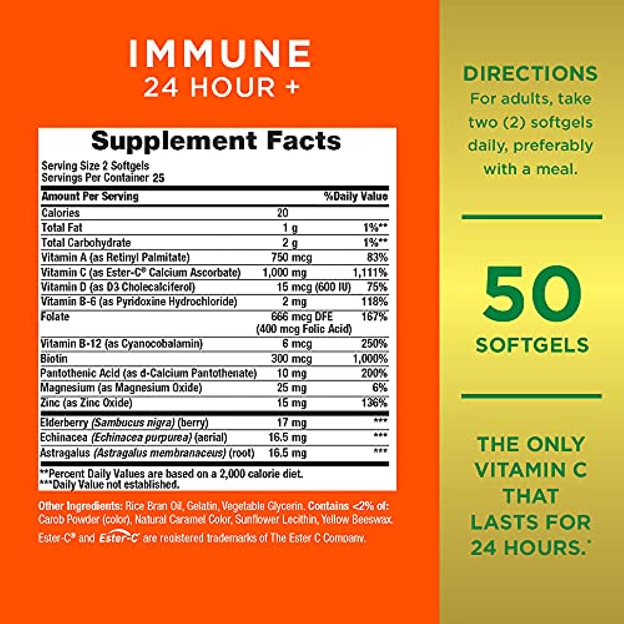Nature's  Bounty Immune 24 Vitamin C, D & Zinc for Immune Support, 1000 mg Softgels, 50 Count
