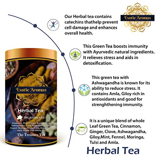 Exotic Aromas Herbal Green Tea, (50 G serves 25 cups) with Ashwagandha, Giloy, Amla, Cinnamon, Fennel, , Peppermint and Moringa, Green Tea for Weightloss, Detox and Immunity
