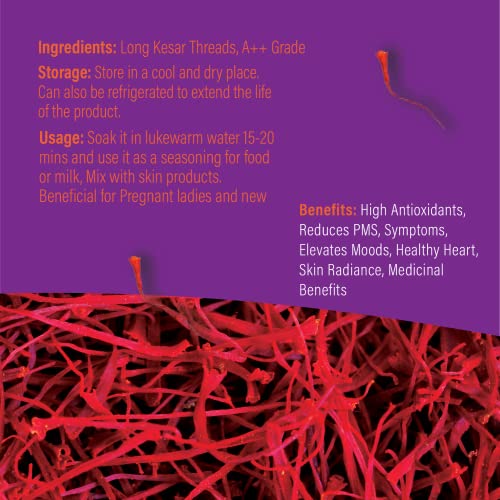 Khari Foods Pure Natural Kashmir Mongra Saffron / Kesar Threads 1g, A+++ Grade / Kumkuma Puvvu / Kungumapoo Original, For Milk, Pregnant Women, Skin