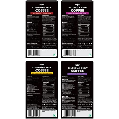 COLOMBIAN BREW COFFEE Hazelnut, Caramel, Vanilla and Pure Instant Coffee Powder, No Sugar Vegan, 4 X 50g