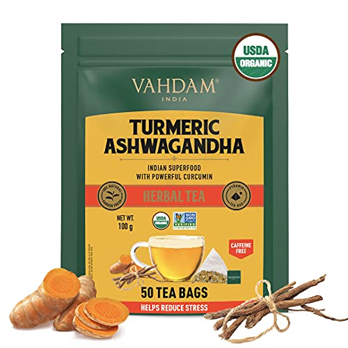 VAHDAM Organic Turmeric + Ashwagandha Herbal Tea | 50 Tea Bags of Immunity Tea | Certified USDA Organic | Pure Detox Tea