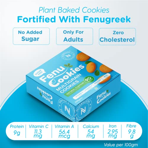 Nutrillion Fenu Cookies MultiGrain High Fiber Low GI Cookies - Tasty and Healthy Sugar-Free Snacks 200gm - Vitamin A,C | Calcium | Iron (Pack of 1)