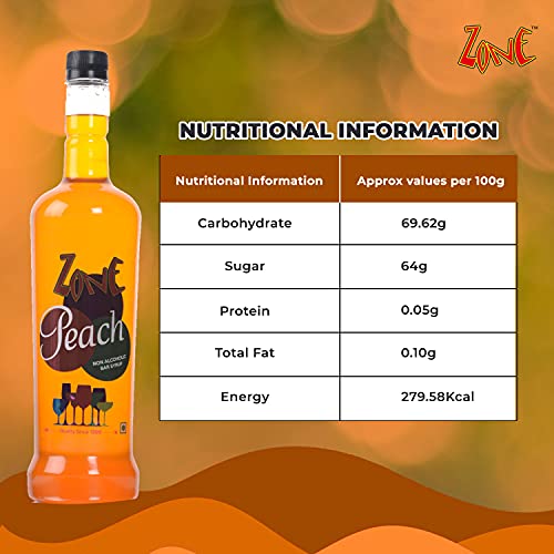 Zone Peach Flavoured Bar Syrup, 240ml Bottle | Suitable for Cocktails, Mocktail, Drinks, Juices, Beverages and More | Non Alchoholic Mix | 12 Flavours Available