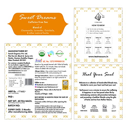 Tea Treasure Sweet Dreams Tea - 10 Pyramid Tea Bags - Blend of Chamomile Flowers, Lavender, Lemongrass & Brahmi leaf |Tea for Good Sleep | Detox Tea | Stress Relief | Calming & Relaxing Tea