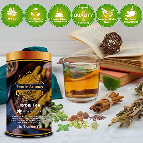 Exotic Aromas Herbal Tea, Green Tea (100 G serves 50 cups) with Ashwagandha, Giloy, Amla, Cinnamon, Fennel, , Peppermint and Moringa, Green Tea for Weightloss, Detox and Immunity