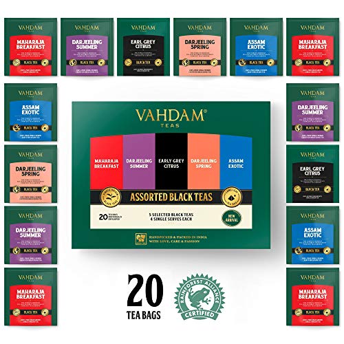 Vahdam, Black Tea Sampler, 5 Teas - Tea Variety Pack | Assorted Black Tea Bags | English Breakfast, Darjeeling, Assam, Earl Grey Tea Bags | 20 Count | Finest Tea Gift Set & Tea Gift For Tea Lovers