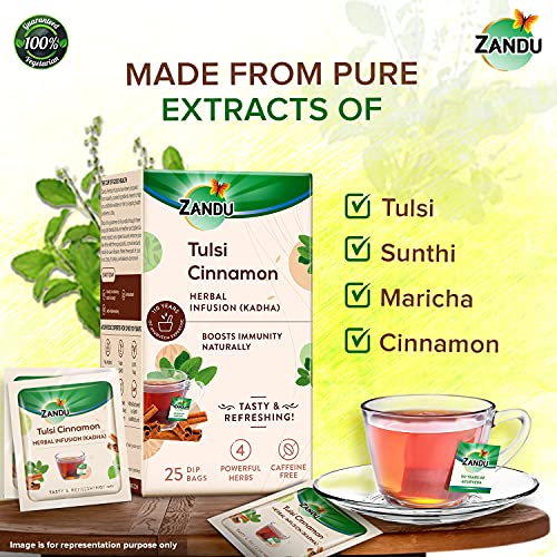 Zandu Tulsi Cinnamon Ayurvedic Infusion (Kadha) - 50 dip bags, Natural Immunity Booster Herbal Tea, Full of Anti-oxidants - (Pack of 25 Tea Bags X 2)