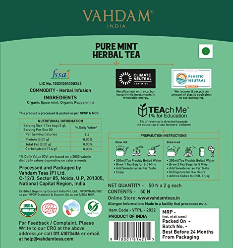VAHDAM, Organic Spearmint Tea + Peppermint Tea Bags -50 Herbal Tea Bags for PCOS and PCOD | Refreshing & Relaxing Mint Tea