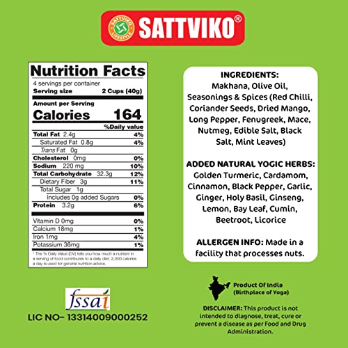 Sattviko Pudina Makhana FoodYoga, Healthy Snacks, (3x40 g) | Antioxidant Rich | Lotus Seeds, Fox Nuts, Gluten Free Diet Food, Vegan Snacks, Foodyoga