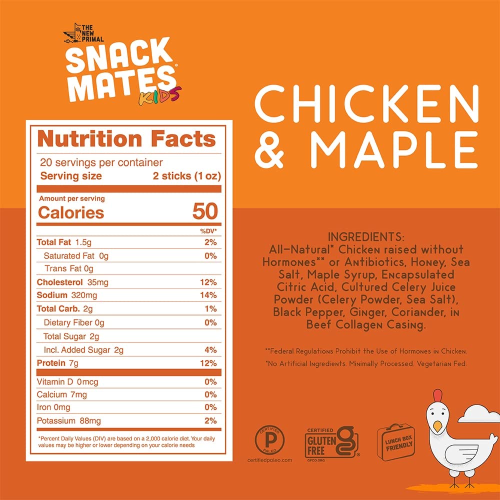 The New Primal, Chicken Maple Sticks Snack Mates Kids. 0.5 Ounce (Pack of 5)