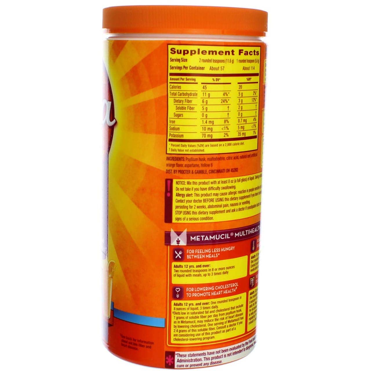 Metamucil Daily Fiber Supplement, Psyllium Husk Fiber Powder, Sugar Free, Orange, 114 Ct