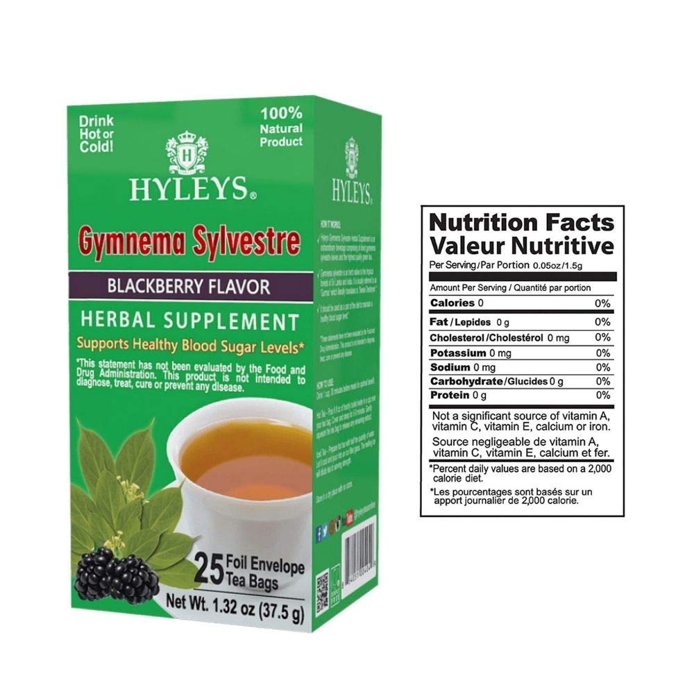 Hyleys Natural Wellness Gymnema Silvestre Green Tea With Blackberry Flavor - 25 Tea Bags (100% Natural, Sugar Free, Gluten Free and Non-GMO) (Packaging May Vary)