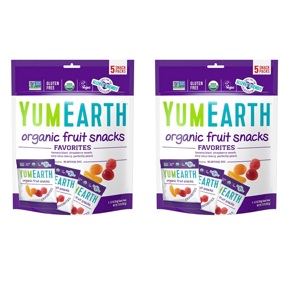 YumEarth Organic Fruit Snacks, 5-0.7oz. Fruit Flavored Snack Packs, Allergy Friendly, Gluten Free, Non-GMO, Vegan, No Artificial Flavors or Dyes (Pack of 2)