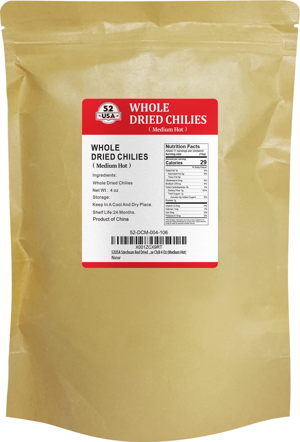52USA Szechuan Red Dried Chilis, Whole Chili, Chinese Chili 4 Oz (Medium Hot)